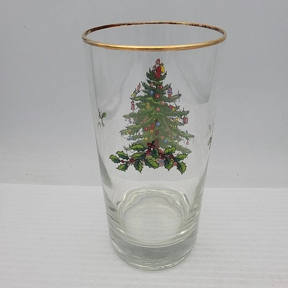 Spode Christmas Tree Glass Highball Gold Rim Mistletoe 5.5 Inch Made in UK